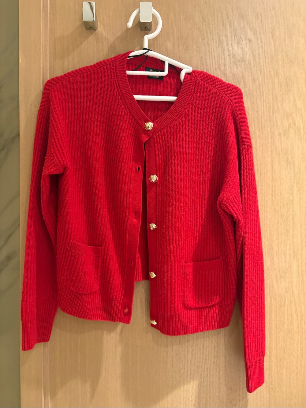 Massimo Dutti Red wool cashmere Cardigan with Gold Buttons